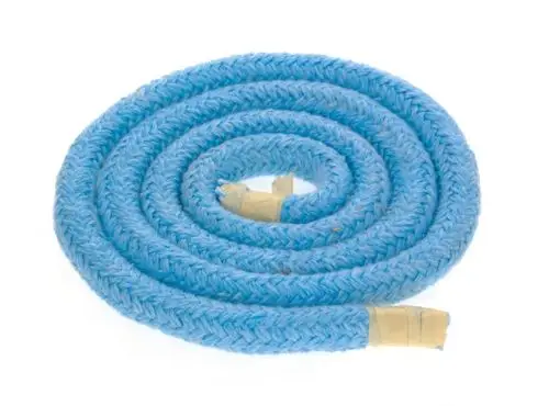 Blaue Dichtschnur, aufgerollt, mit zwei Enden in verschiedenen Längen, gehalten von Klebeband. Produkt von Bosch.